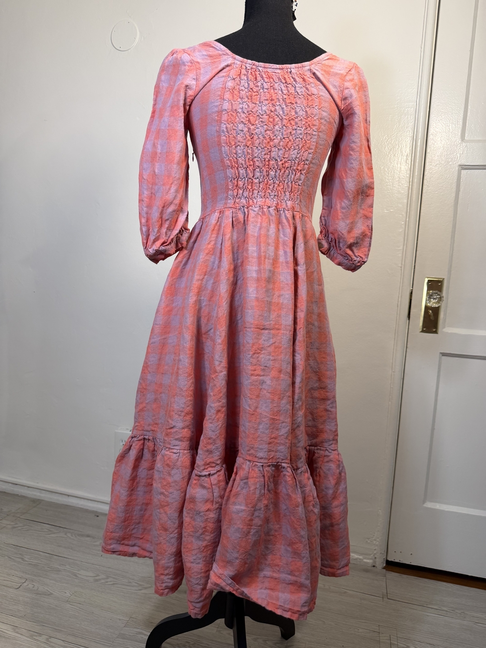 Women's Pink Gingham Check Midi Dress -3/4 Sleeved Ruffled Hem - Picture 7 of 11